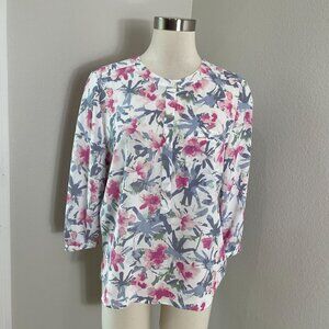 NYDJ Womens Medium Petite Floral 3/4 Sleeve Blouse Pleated Back Shirt Top